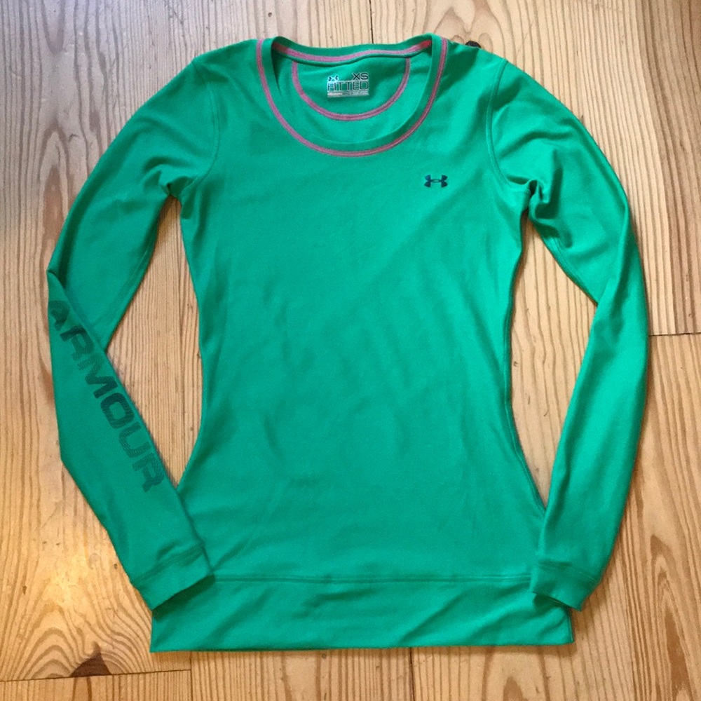 Under Armour green & pink long sleeve baselayer workout shirt UA all season gear